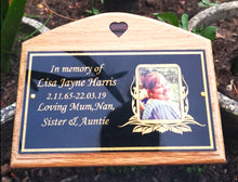 Oak wooden grave marker, cremation plot marker with plaque