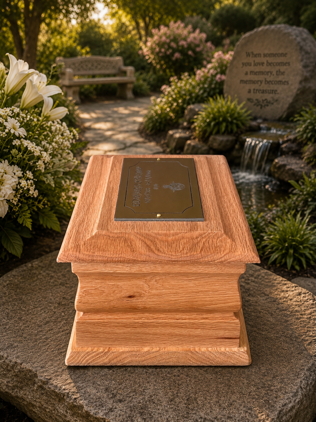 A wooden memorial urn box with a bronze plaque on top, displayed outdoors on a stone surface in a garden setting with flowers, a bench, and a small waterfall in the background.