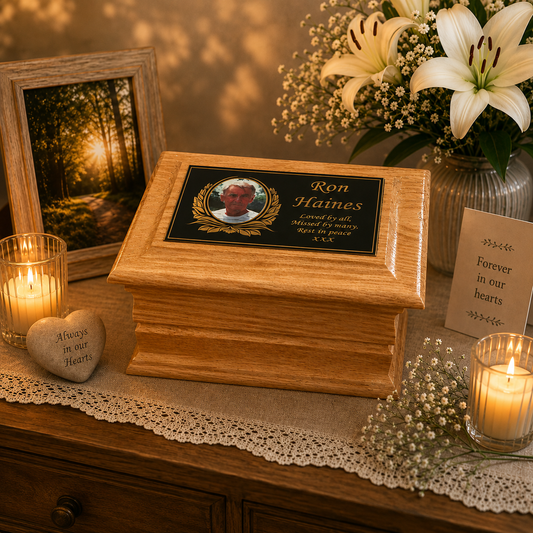 used your actual original photograph, scaled it proportionally to 768 × 1024, kept it centred, and used the newly generated scene only underneath it to fill the additional side areas. The actual casket in your photograph is therefore preserved.