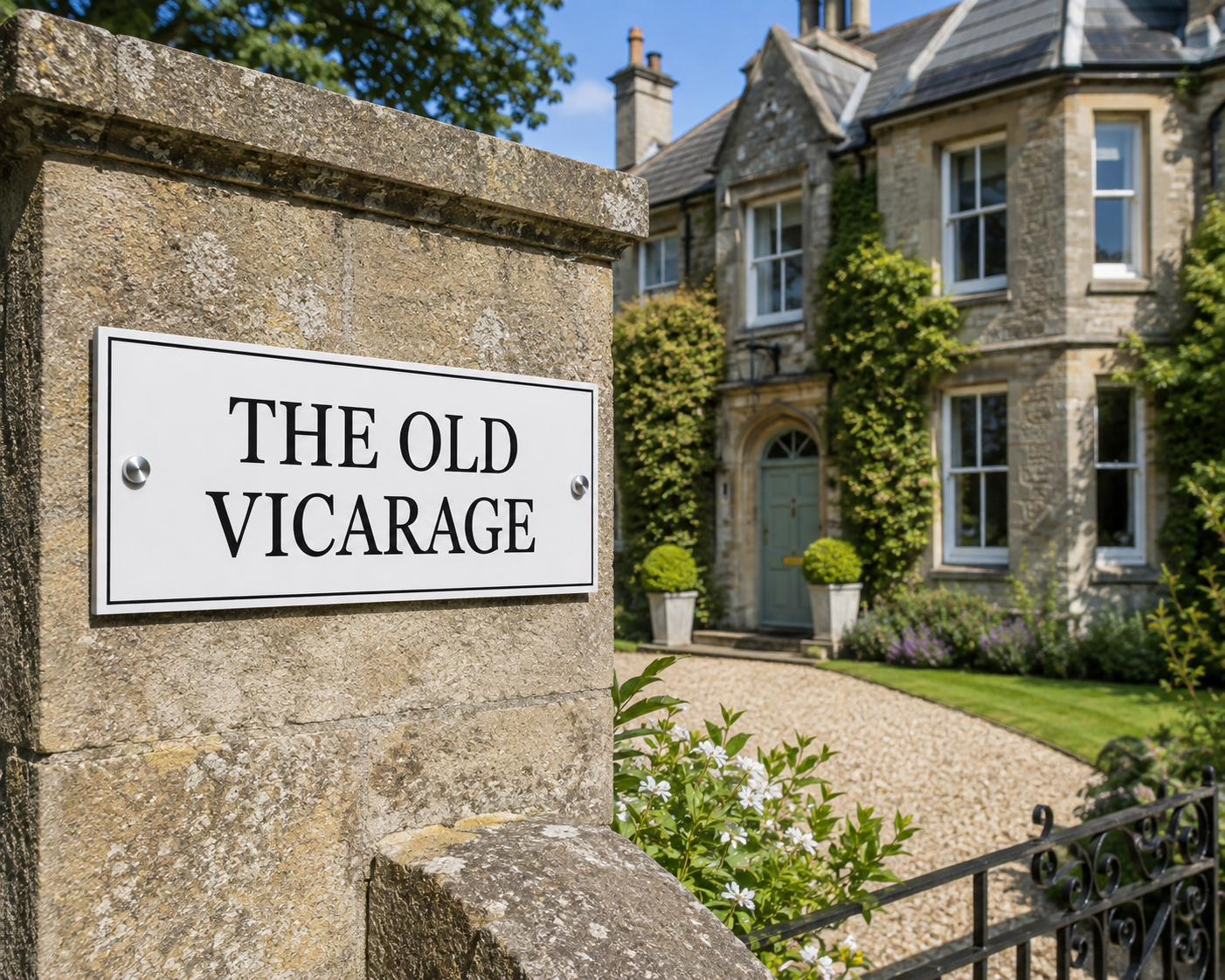 Personalised white aluminium house sign with black lettering, contemporary matt metal house plaque with hidden floating or visible stand-off fixing options for modern homes.