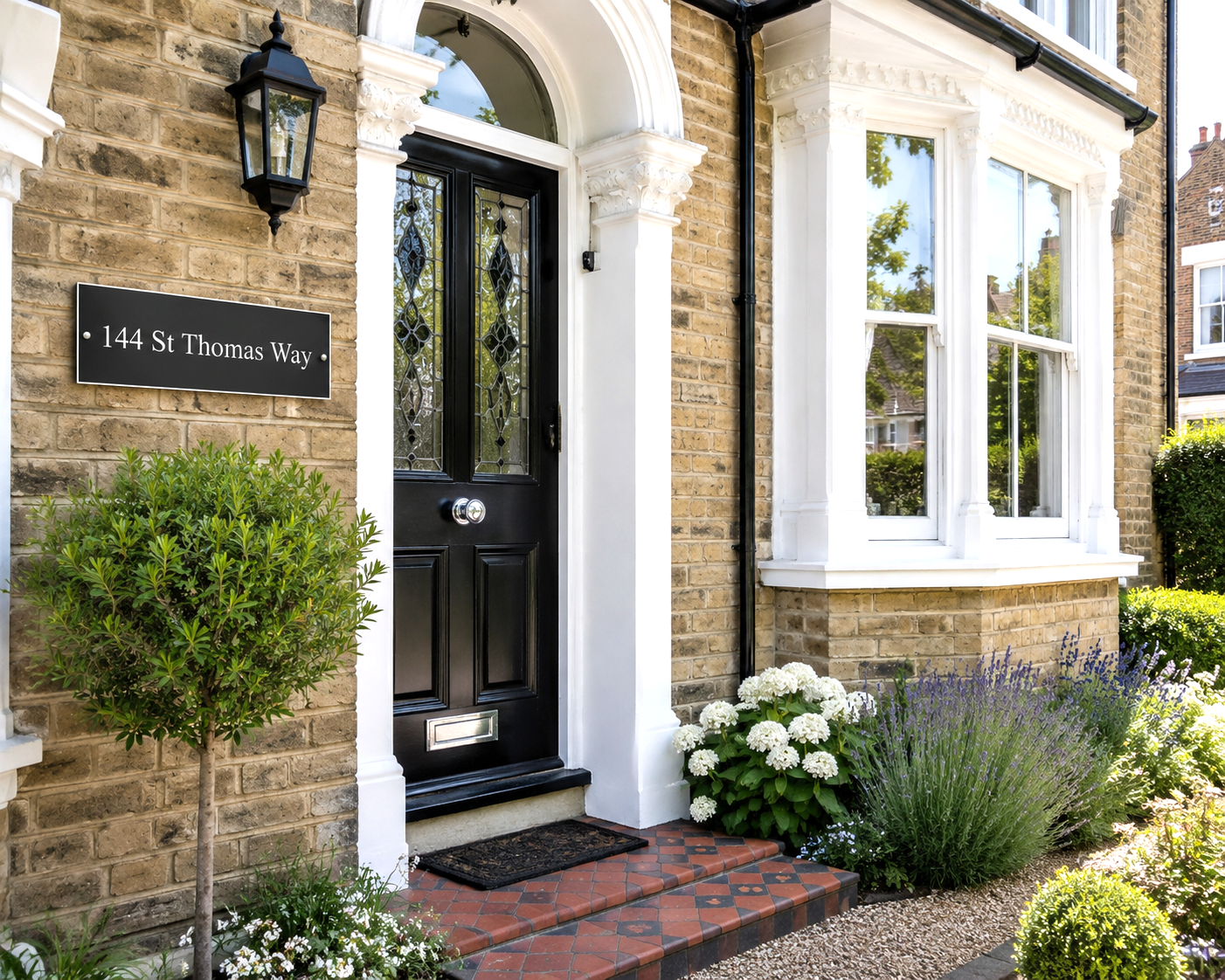Frontal view of a traditional stone house entrance with a black front door, white columns, a brick address plaque reading 144 St Thomas Way, landscaped garden plants, and a black wall lantern.