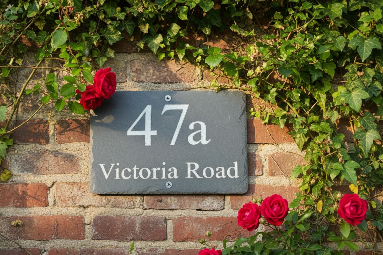 House number sign '47a Victoria Road' on a brick wall with red roses.