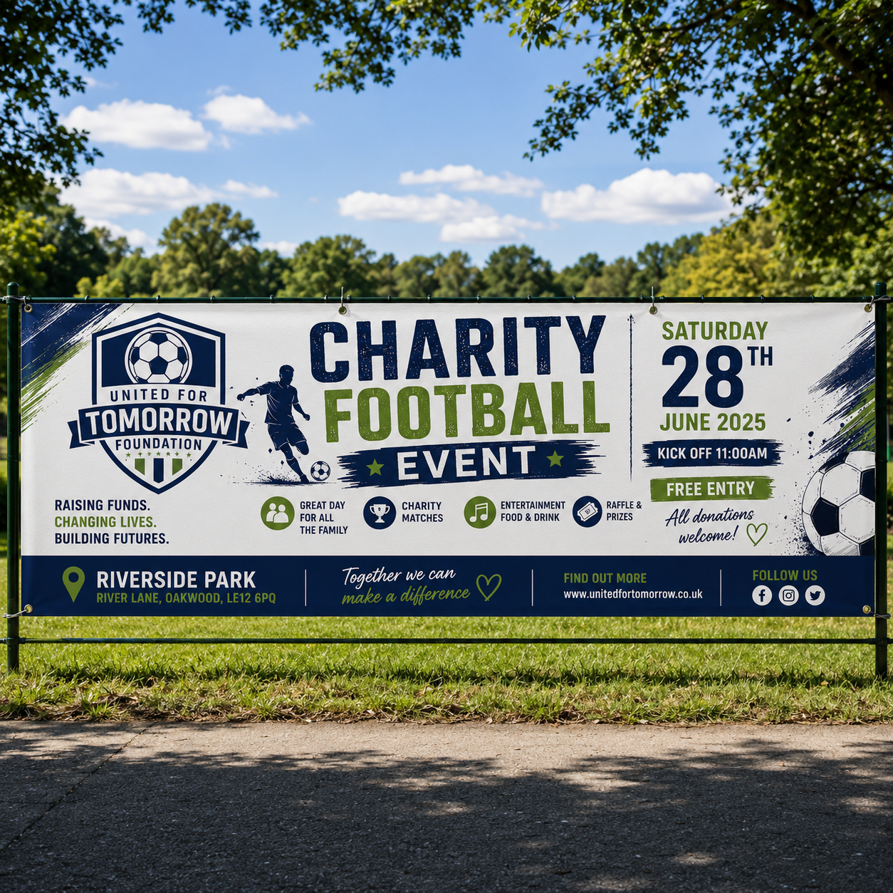 A large outdoor promotional banner for a charity football event, displayed on a metal frame in a park setting with trees and grass in the background. The banner features the United For Tomorrow Foundation logo and text for a Saturday 28th June 2025 event at Riverside Park.