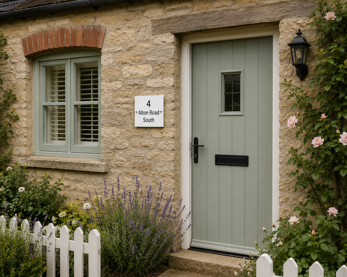 A light sage green wooden cottage door with a small window and black letterbox, set in a stone wall with a white house number sign, a window, and a garden with lavender and pink roses.