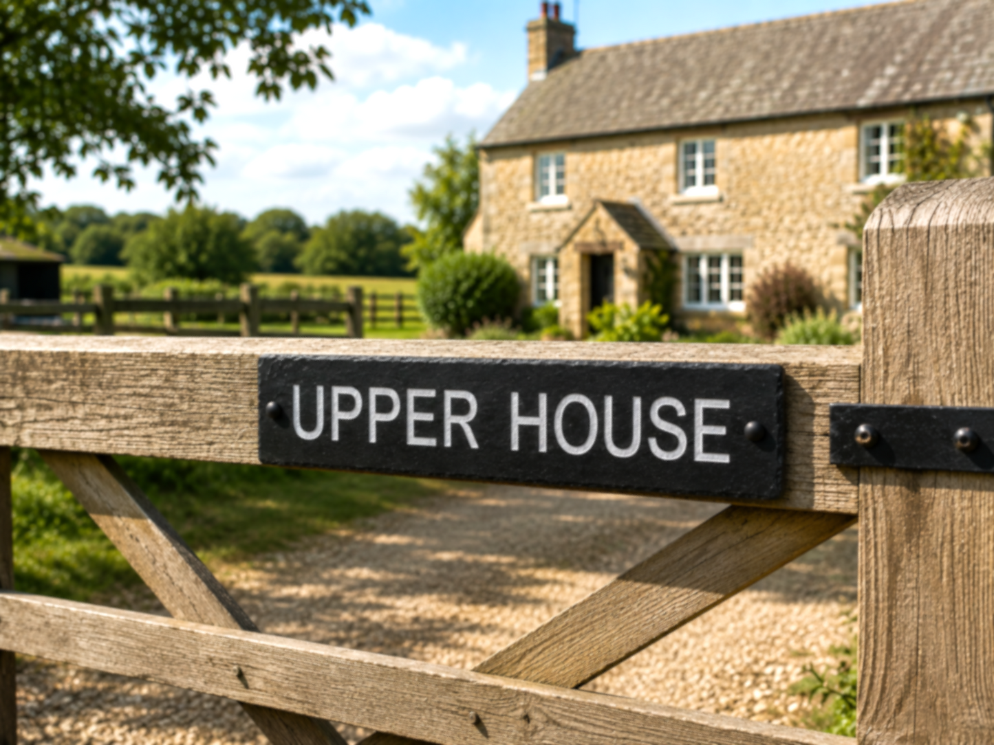 A black rectangular sign with white text reading 'UPPER HOUSE' mounted on a wooden gate, with a stone cottage and green fields blurred in the background.
