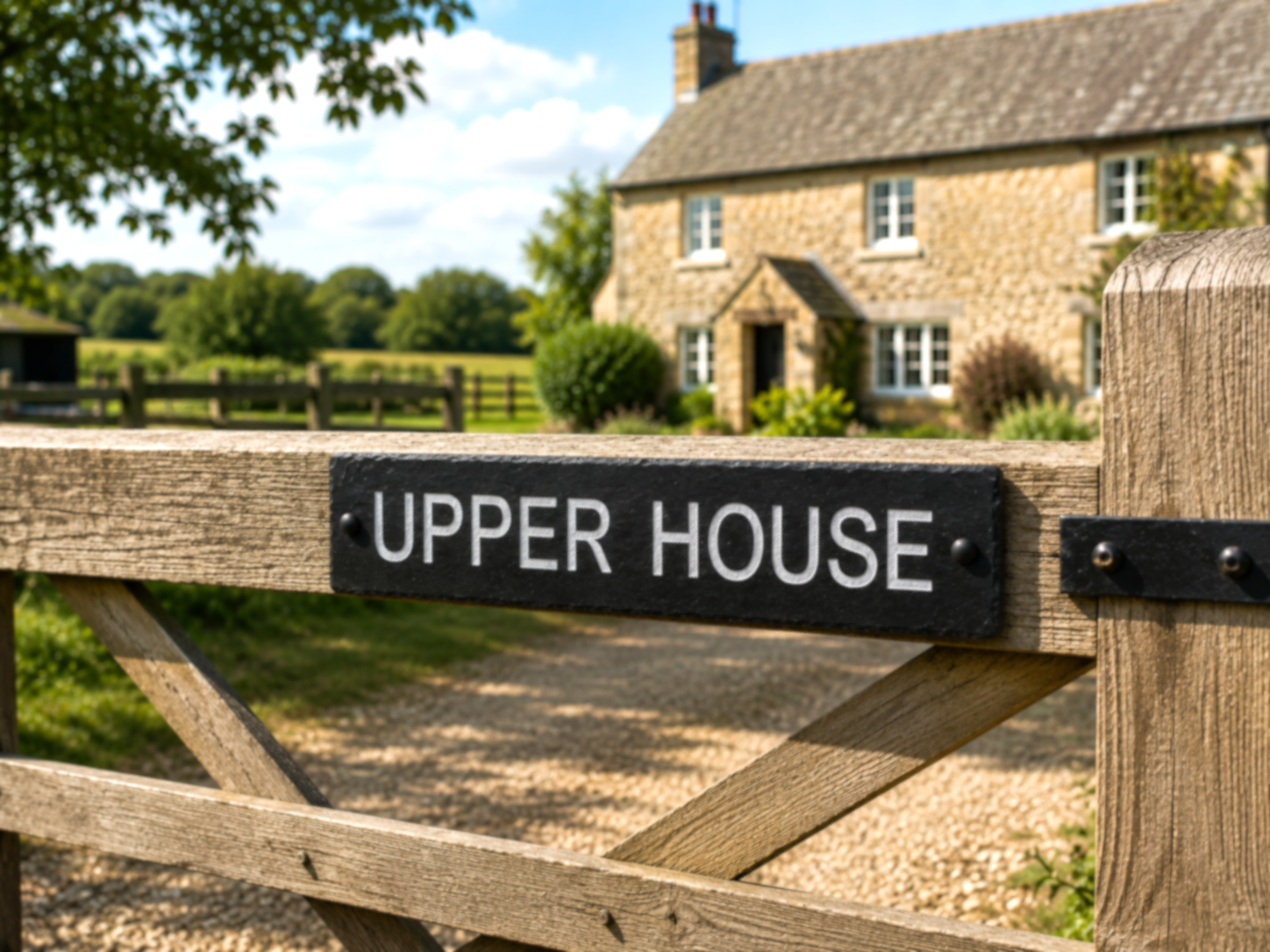 A black rectangular sign with white text reading 'UPPER HOUSE' mounted on a wooden gate, with a stone cottage and green fields blurred in the background.