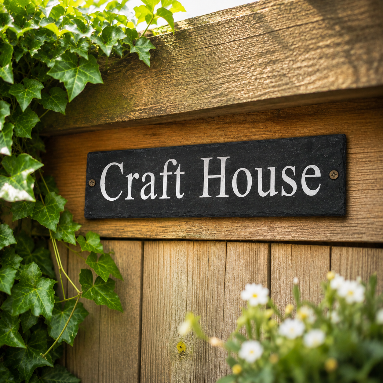 A rectangular black wooden sign with white serif text reading 'Craft House' mounted on a rustic wooden fence, with green ivy and small white flowers around it.