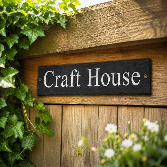 A rectangular black wooden sign with white serif text reading 'Craft House' mounted on a rustic wooden fence, with green ivy and small white flowers around it.