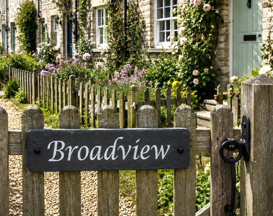 A rustic wooden picket gate with a dark slate sign reading 'Broadview' in white script, set in front of a stone cottage with climbing ivy and pink flowers.