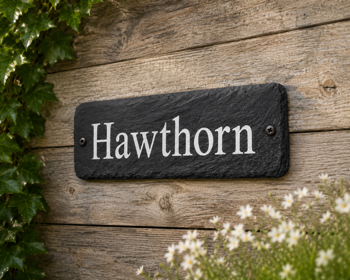A rectangular black slate house sign with the name 'Hawthorn' in white serif lettering, mounted on a rustic wooden wall with green ivy and small white flowers around it.