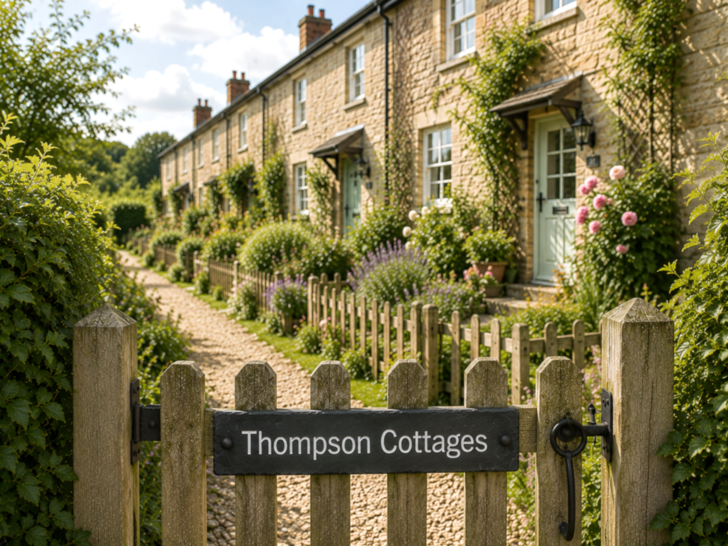 A scenic view of Thompson Cottages with a rustic wooden picket fence and gate in the foreground, a gravel path, lush green garden plants, and a stone wall with climbing ivy and pink flowers under a blue sky.