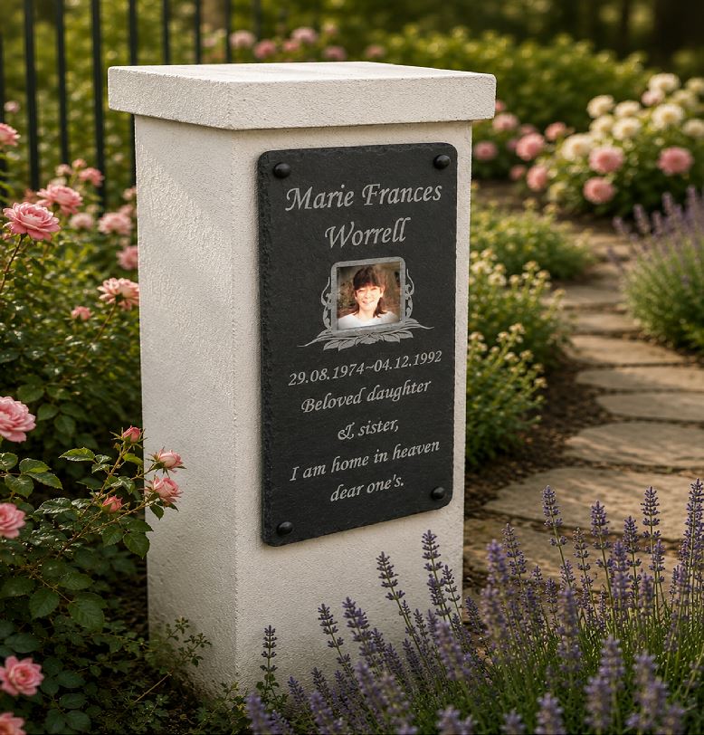 A personalized outdoor memorial stone with a black plaque engraved with the name 'Marie Frances Worrell' and a photo slot, set in a garden with pink roses and purple flowers.