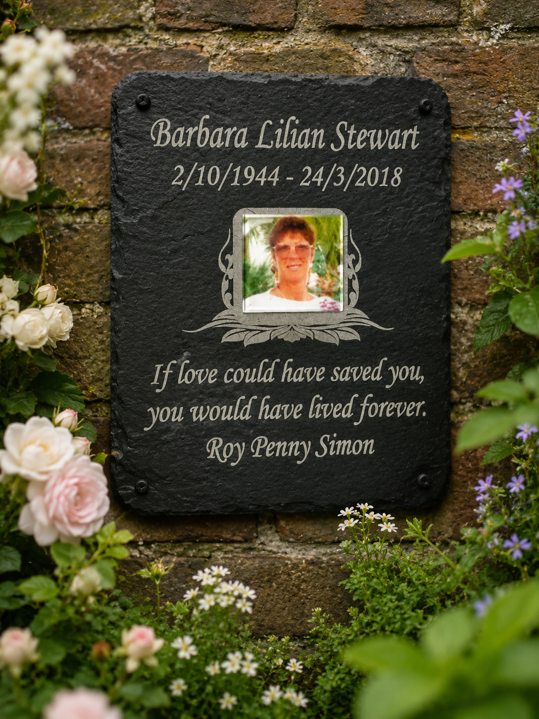 Portrait personalised photo memorial plaque with colour photograph, laser etched name, dates, long memorial poem and remembrance verse on natural slate