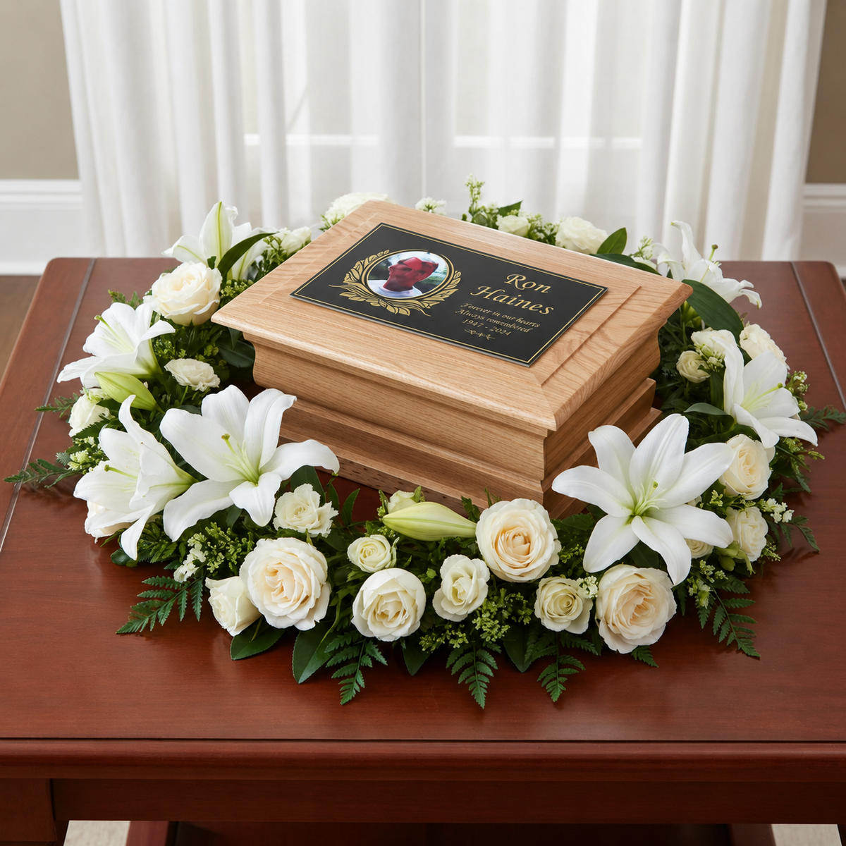 Personalised solid oak ashes casket with Gold memorial plaque, curved decorative edges and bespoke wording, handcrafted in Britain.