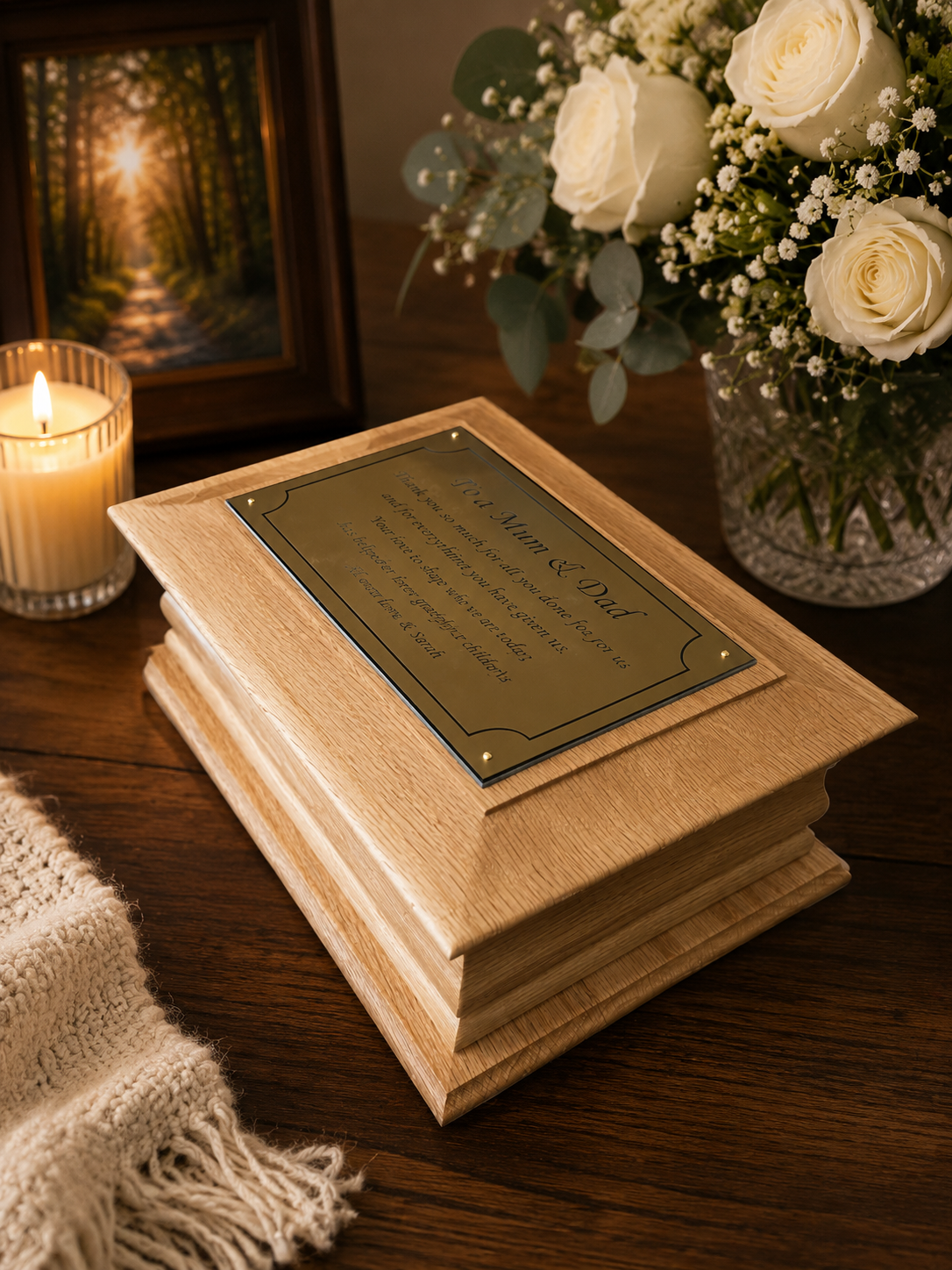 A wooden keepsake urn or memorial box with a brushed gold metal plaque engraved with 'My Mom & Dad,' displayed on a dark wooden table with a lit candle, framed forest print, and white roses in the background.