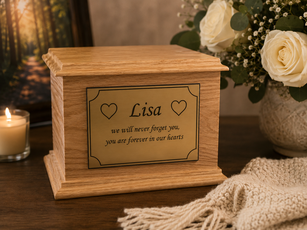 A personalized wooden keepsake urn with an engraved front plaque reading 'Lisa we will never forget you, you are forever in our hearts,' styled on a tabletop with a lit candle, white roses, and a cream knit throw.