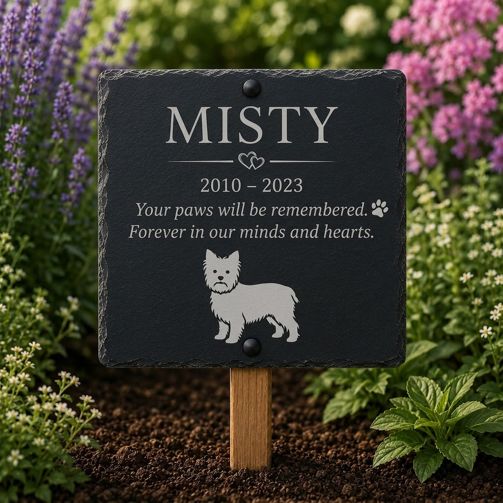Personalized pet memorial garden plaque on a wooden stake, featuring the engraved name 'MISTY', dates '2010 - 2023', a short memorial quote, and a white dog silhouette, displayed outdoors in a garden with flowers and soil.