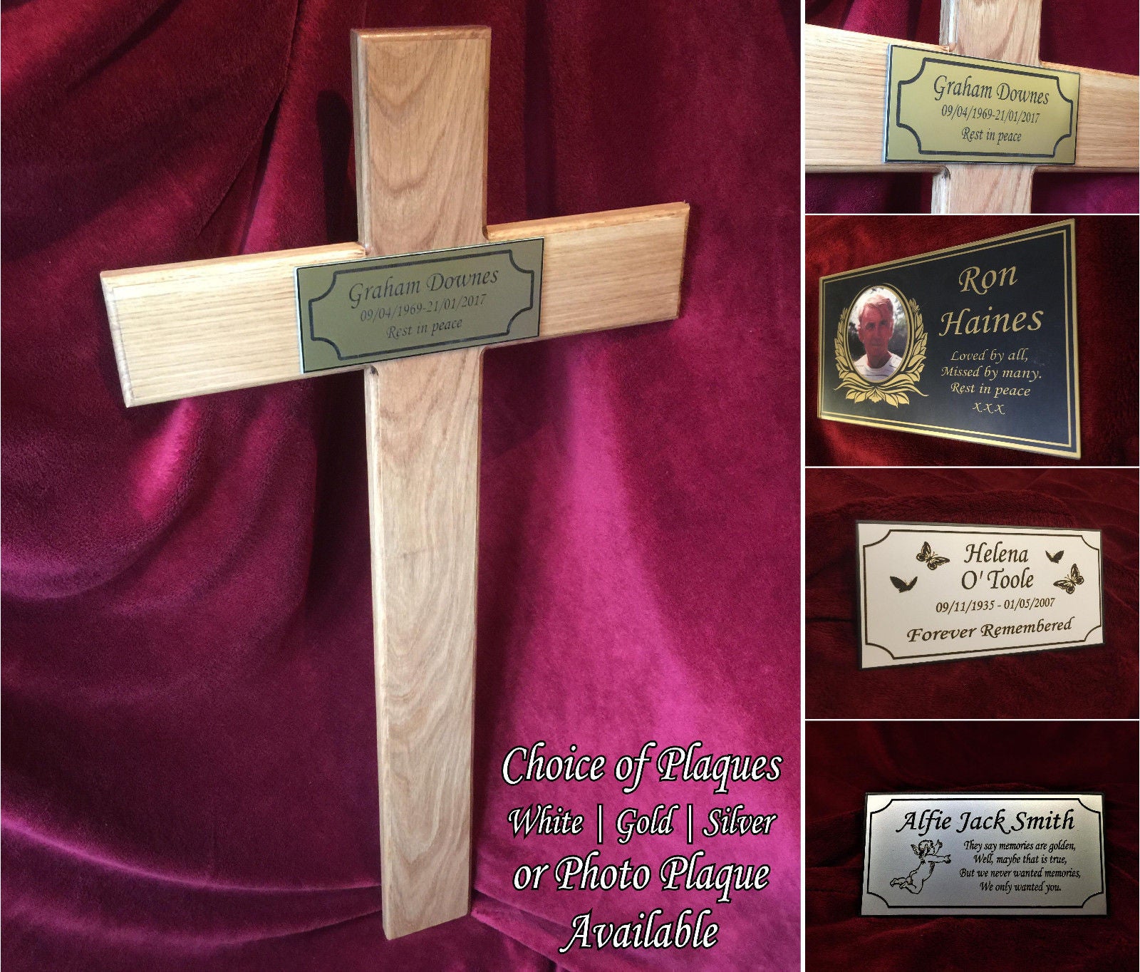40'' Large Oak Wood Memorial Cross Grave Marker & Plaque