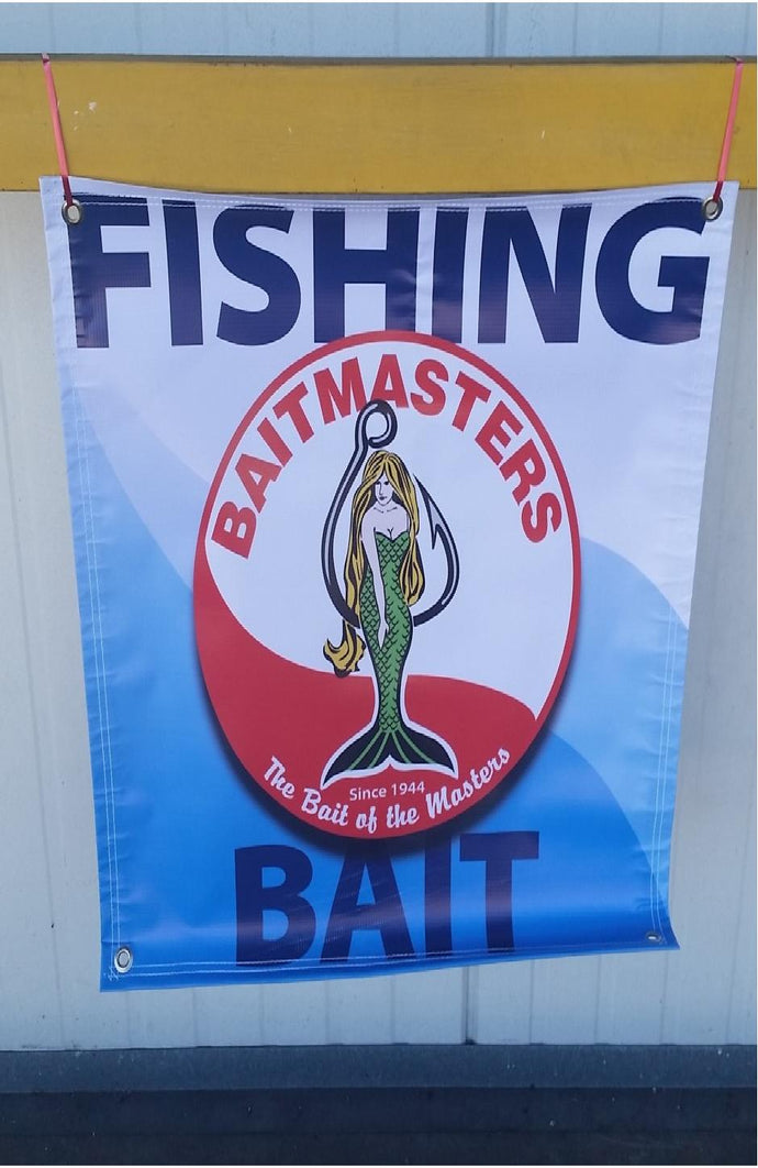 A banner featuring the text 'FISHING' and 'Bait' with an image of a fish on a hook, indicating it is likely designed for promotional fishing products or services.