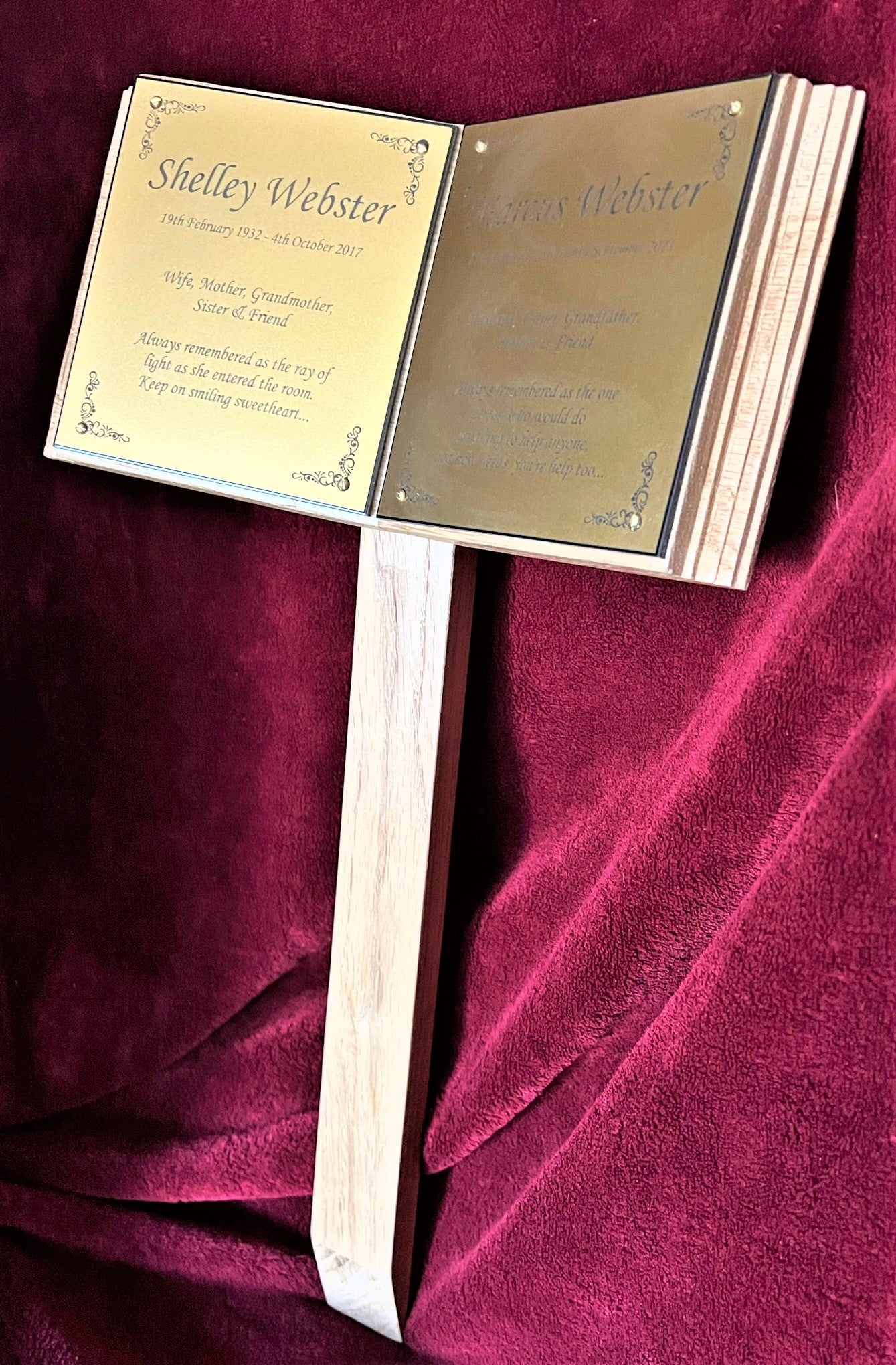 Open Book Memorial. Oak Wood Grave Marker. Two people, double photo plaques.