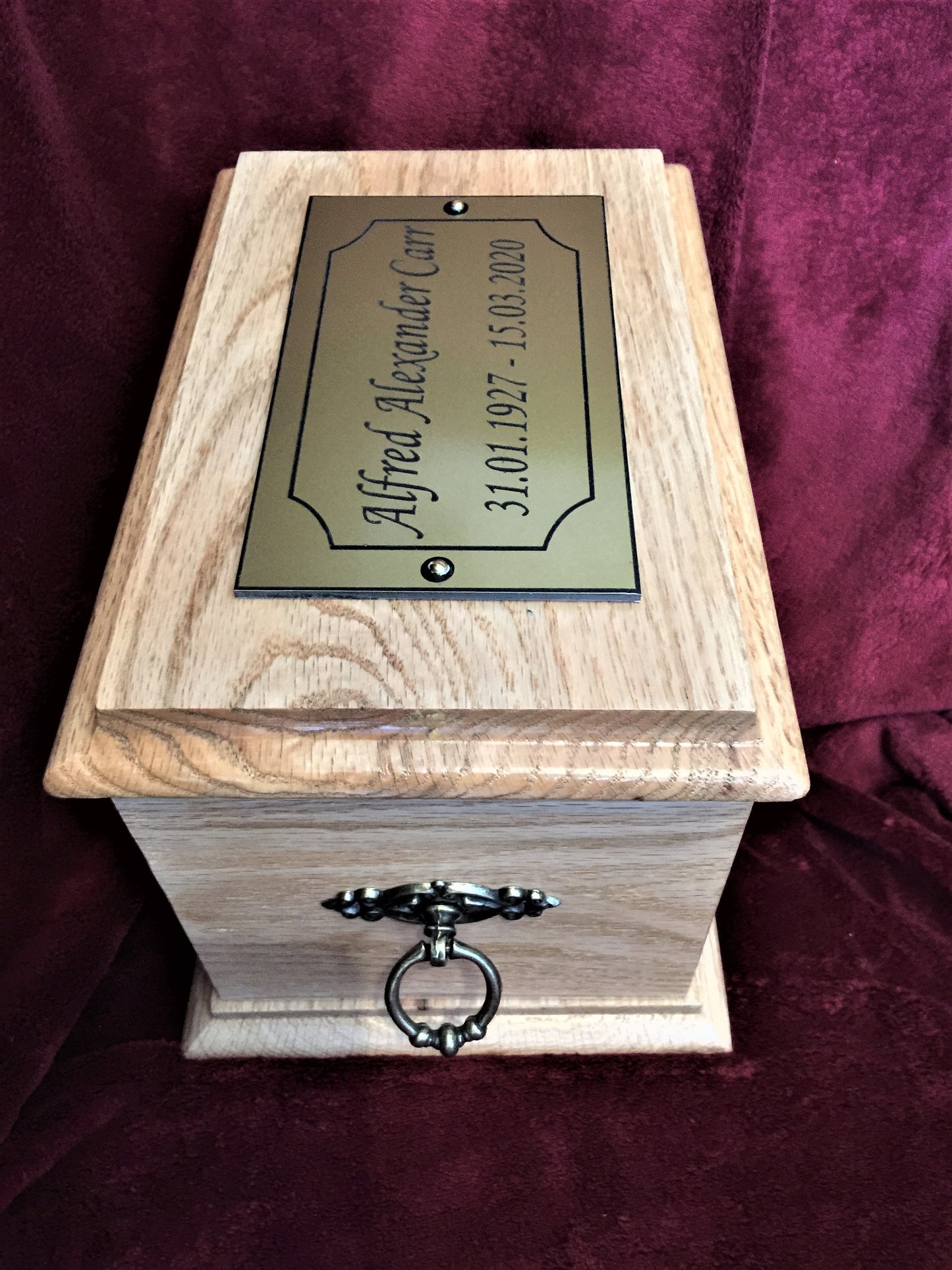 Adult Oak Wood Cremation Ashes Urn Casket With End Rings & Personalised Plaque