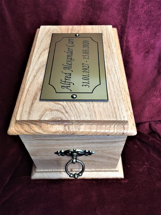 Adult Oak Wood Cremation Ashes Urn Casket With End Rings & Personalised Plaque