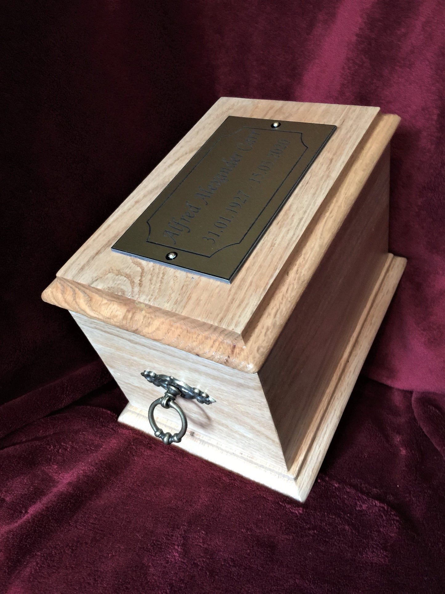 Adult Oak Wood Cremation Ashes Urn Casket With End Rings & Personalised Plaque
